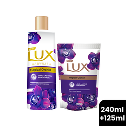 25% Off on Lux Everscent Fragrance Magical Orchid Bodywash 240ml & Lux Everscent Fragrance Magical Orchid Bodywash Refill Pouch 125ml Conditioner 1L Bundle.