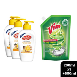 Buy 3 Lifebuoy Kitchen Fresh Handwash 200ml, and get a Free VIM DWL Spouted Pouch 500ml