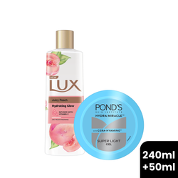 25% OFF on Lux Juicy Peach Hydrated Glow Bodywash 240ml and Pond's Hydra Miracle Hyaluronic Super Light Gel 25ml bundle !